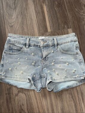 Pearl-Embellished Light Blue Denim Shorts - low rise